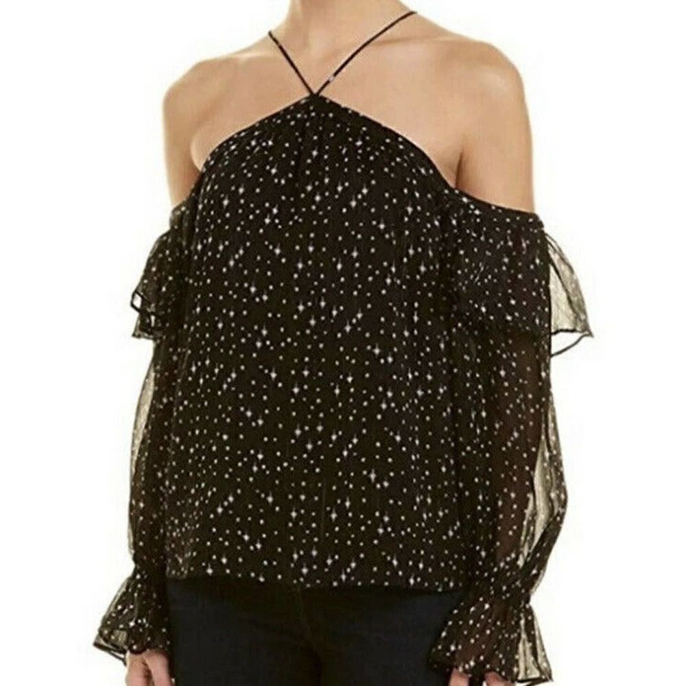 1.State‎ Blouse Small Black Star Halter Neck Ruffle Cold Shoulder LS Women’s
